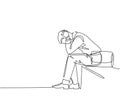 Single continuous line drawing of depression young worker sitting on chair and holding his head because of confused. Work pressure