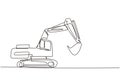 Single continuous line drawing digger hydraulic excavator with dipper. Heavy automobile. Auto in flat design. Children\'s toy