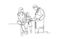 Single continuous line drawing doctor handshaking young little boy patient and check up his condition. Health care medical Royalty Free Stock Photo