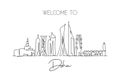 Single continuous line drawing of Doha city skyline, Qatar. Famous city scraper and landscape home wall decor poster print art.