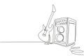Single continuous line drawing electric guitar with amplifier. Rock music illuminated stage background with microphone electric Royalty Free Stock Photo