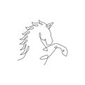 Single continuous line drawing of elegant horse head for company logo identity. Jumping strong mustang mammal animal icon concept