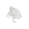 Single continuous line drawing of elegant zebra head for company logo identity. Horse with stripes mammal animal concept for