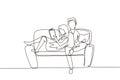 Single continuous line drawing evening rest of couple scene with man and woman on sofa. Relaxing man and woman reading book in