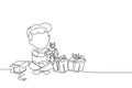 Single continuous line drawing excited little boy kid opening wrapped gift box decorated with ribbon bow. Happy cute little kid Royalty Free Stock Photo