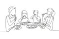 Single continuous line drawing family eating meal around kitchen table. Happy daddy, mom and two kids sitting eating healthy lunch Royalty Free Stock Photo