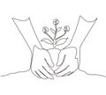 Single continuous line drawing farmer hands growing young money tree. Money tree investment growth income interest savings economy