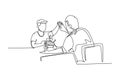 Single continuous line drawing father accompany his kid playing a robot action figure model kit and gives high five gesture.