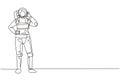 Single continuous line drawing female astronaut stands with call me gesture wearing spacesuit exploring earth, moon, other planets