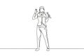 Single continuous line drawing female mechanic stands up with gesture okay and holding wrench to perform maintenance on vehicle
