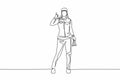Single continuous line drawing female mechanic stands up with a thumbs-up gesture and holding the wrench to perform maintenance on