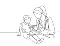 Single continuous line drawing of female pediatric doctor giving vaccine immunization injection to young boy patient. Medical