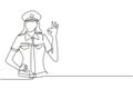 Single continuous line drawing female pilot with gesture okay and uniform ready to fly with cabin crew in aircraft at