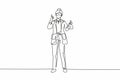 Single continuous line drawing female scientist stands with a thumbs-up gesture and holding a measuring tube filled with a