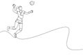 Single continuous line drawing of female young volleyball athlete player in action jumping spike on court. Team sport concept.