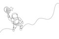 Single continuous line drawing of floating science astronaut in spacewalk hitting star using racket. Fantasy deep space