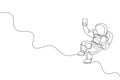 Single continuous line drawing of floating science astronaut in spacewalk pose selfie using smartphone. Fantasy deep space