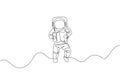 Single continuous line drawing floating science astronaut in spacewalk reading map navigator. Fantasy deep space exploration,