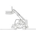 Single continuous line drawing of forklift for loading goods in warehouse, commercial vehicle. Heavy loader machines equipment Royalty Free Stock Photo