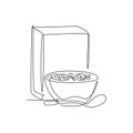 Single continuous line drawing of fresh stylized bowl of cereal breakfast with cereal box at dining table. Healthy natural food