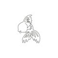 Single continuous line drawing of funny goldfish for company logo identity. Decorative fish mascot concept for aquatic fishbowl