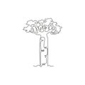 Single continuous line drawing giant baobab tree for wall decor poster. Gigantic plant concept for national park. Tourism and