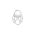 Single continuous line drawing of gorilla head for national zoo logo identity. Ape primate animal portrait mascot concept for e-