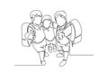 Single continuous line drawing group of happy boy and girl elementary school student carrying school bag and giving thumbs up