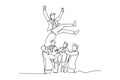 Single continuous line drawing group of happy businessman toss up person celebrating success victory achievement together. Joyful