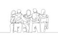 Single continuous line drawing about group of men and woman from multi ethnic standing and hugging together to show their unity Royalty Free Stock Photo