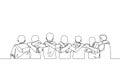 Single continuous line drawing about group of men and woman from multi ethnic standing together to show their friendship bonding