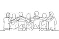 Single continuous line drawing about group of men and woman from multi ethnic standing together to show their friendship bonding.
