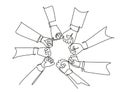 Single continuous line drawing group of young business people unite their hands together to form a circle shape as a unity symbol