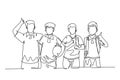 Single continuous line drawing group of young happy boys and girls from elementary school student carrying bags and give thumbs up