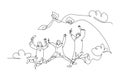 Single continuous line drawing group of young happy graduate male and female college student jumping and wear graduation gown. Royalty Free Stock Photo