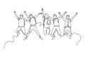 Single continuous line drawing group young happy male and female college student jumping to celebrate their final exam result. Royalty Free Stock Photo