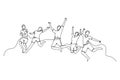 Single continuous line drawing of group of young happy male and female jumping together to celebrate their vacation. Traveling