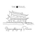 Single continuous line drawing Gyeongbokgung Palace landmark. Beautiful famous place in Seoul, Korea. World travel home wall decor