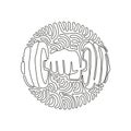 Single continuous line drawing hand with dumbbell. Dumbbell in hand. Gym, fitness, sport label. Train hard. Stay strong. Swirl