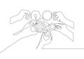 Single continuous line drawing of hand gesture business team members unite piece of gears to one as teamwork symbol. Unity working