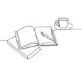 Single continuous line drawing of hand gesture writing on an open book beside a cup of coffee at work desk. Writing draft business Royalty Free Stock Photo