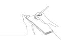 Single continuous line drawing of hand gesture writing on paper at clipboard. Business to do list write on notebook concept