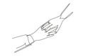 Single continuous line drawing hand of groom and bride with wedding rings. Bride and groom make vow of loyalty on their wedding Royalty Free Stock Photo