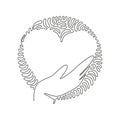 Single continuous line drawing hand holding heart icon. Save life or health care symbol. Swirl curl circle background style. Royalty Free Stock Photo