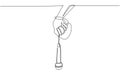 Single continuous line drawing hand holding microphone with lead wrapped around wrist. Man holding microphone in his hand at