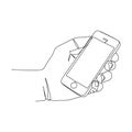 Single continuous line drawing of hand holding phone or smartphone. Modern Vector illustration design of smart mobile technology Royalty Free Stock Photo