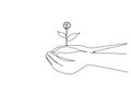 Single continuous line drawing hand holding sprout a money tree on nature field. Money tree investment growth income interest Royalty Free Stock Photo