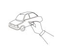 Single continuous line drawing hand turning the key in the hole on the car door. Man uses key to open the new vehicle. Automobile