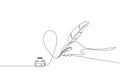 Single continuous line drawing of hand writing gesture with ink and quill pen on whiteboard. Retro handwriting concept Royalty Free Stock Photo