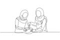 Single continuous line drawing happy Arab family mother-in-law and daughter-in-law daughter knead cake dough using manual hand